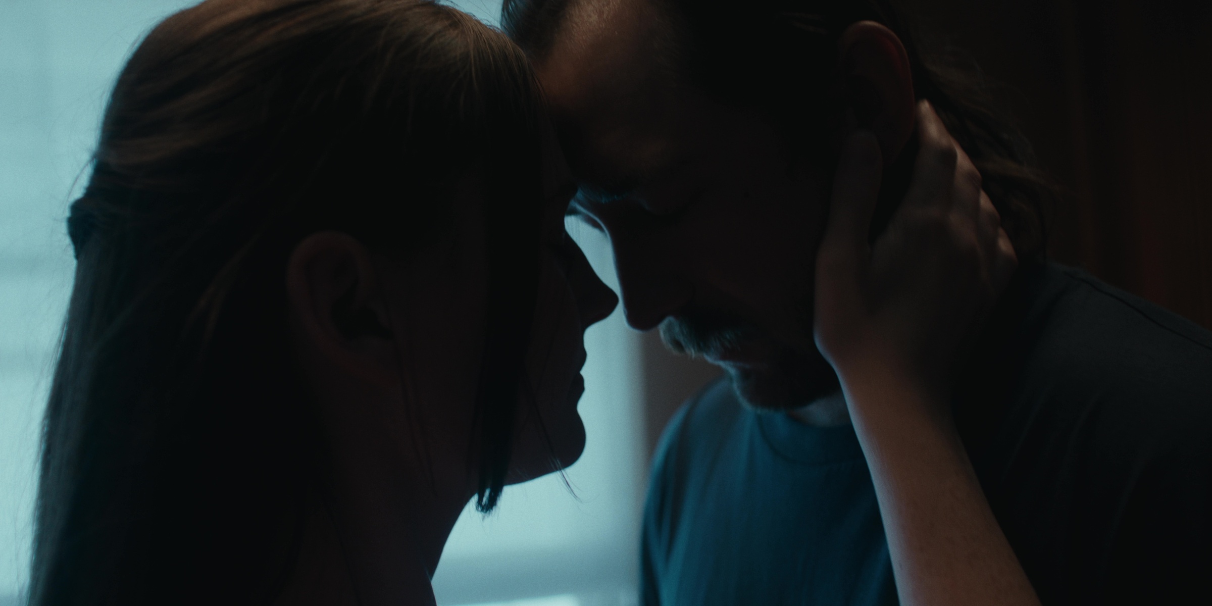 A couple touch foreheads in cool window light — Bottom of the bottle