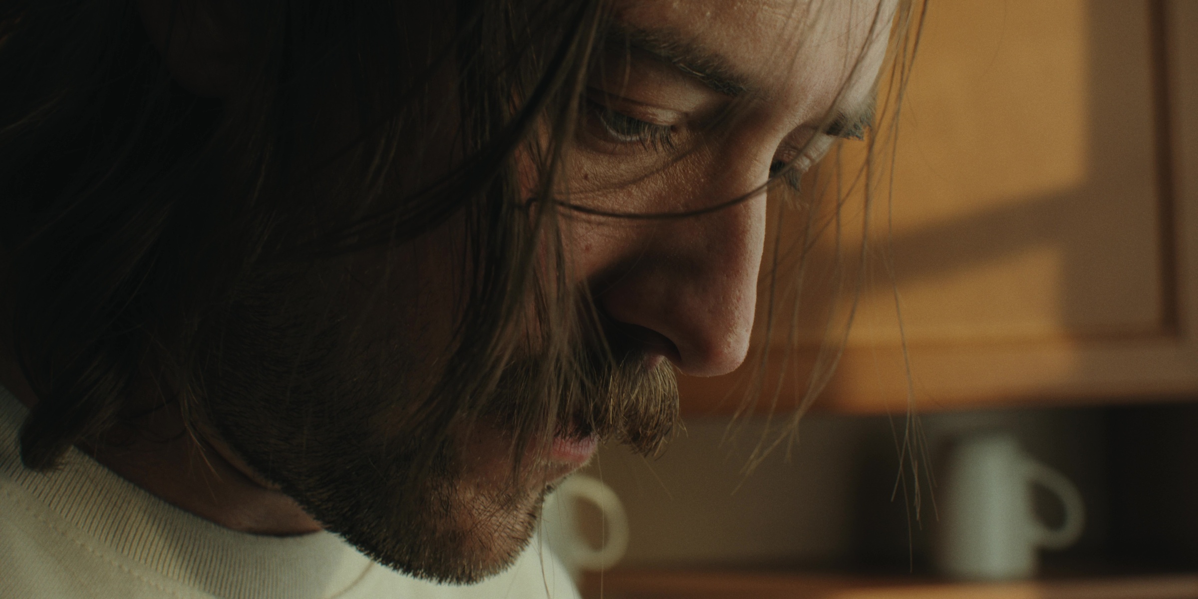 Close-up of a man looking down in warm kitchen light — Bottom of the bottle