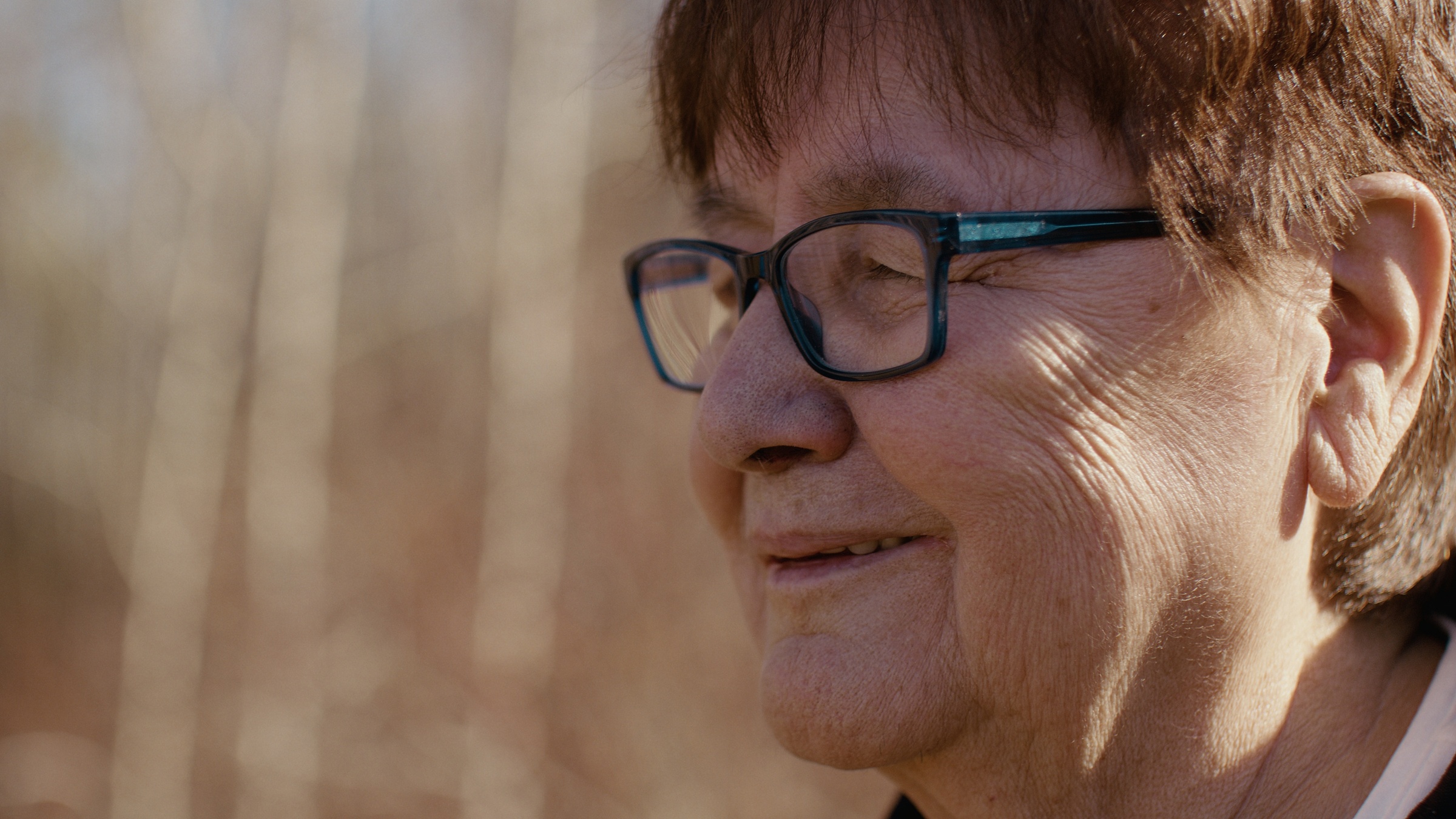 Close-up of a woman wearing glasses in soft outdoor light — Home Fire