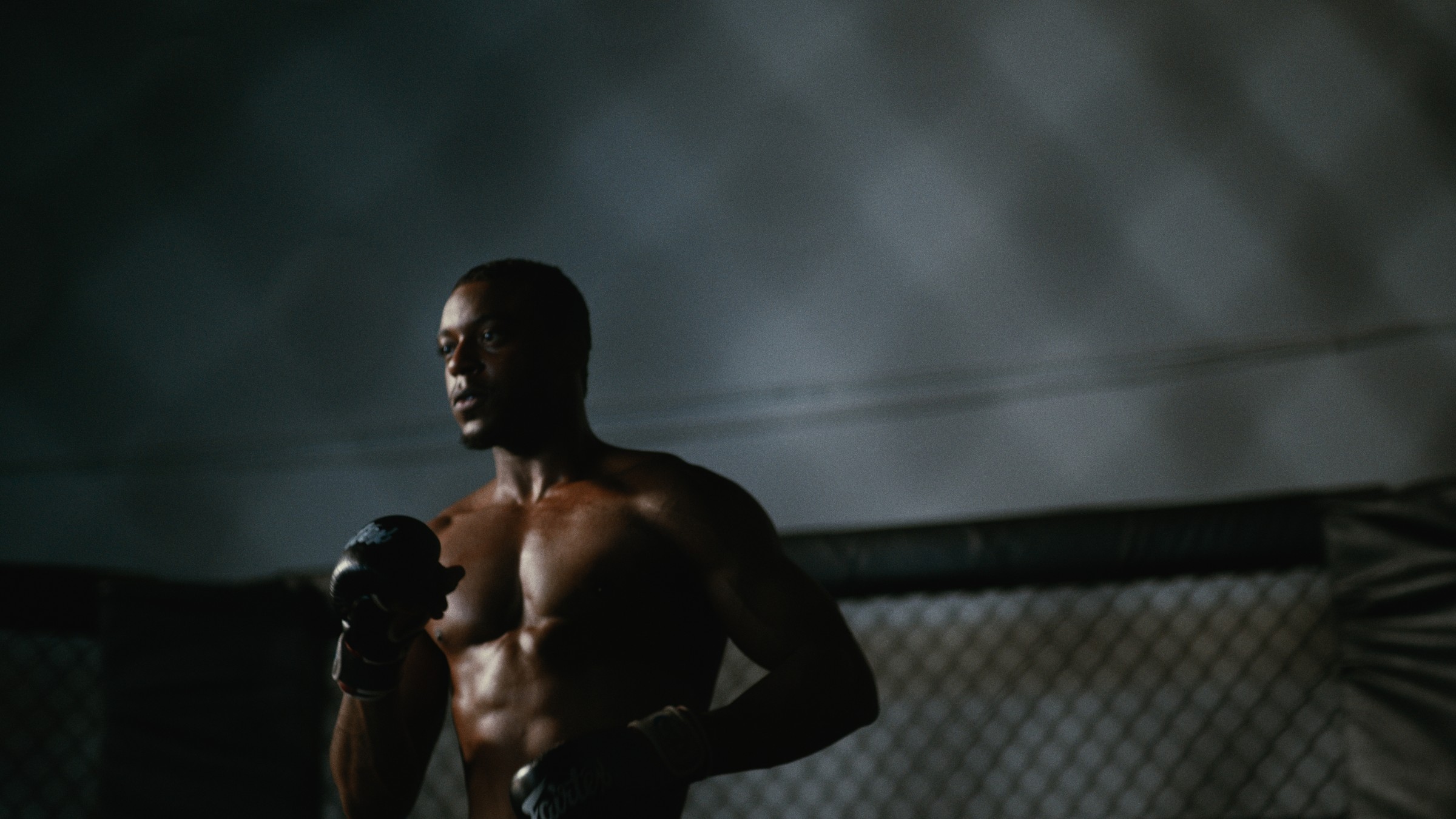 A shirtless boxer stands beside a chain-link fence beneath a cloudy sky — Kinetic