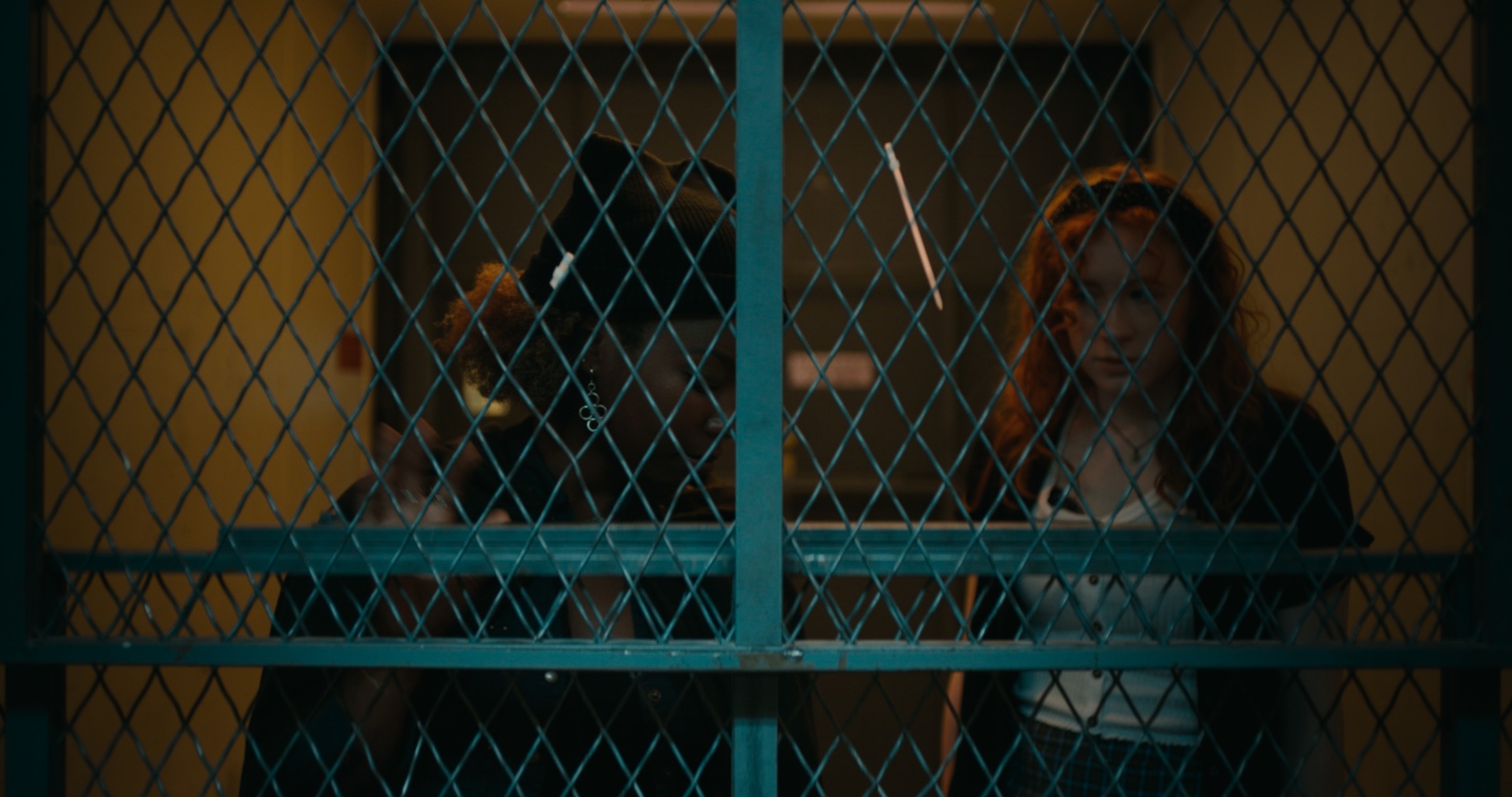 Two people stand behind a wire-mesh gate — Nemesis