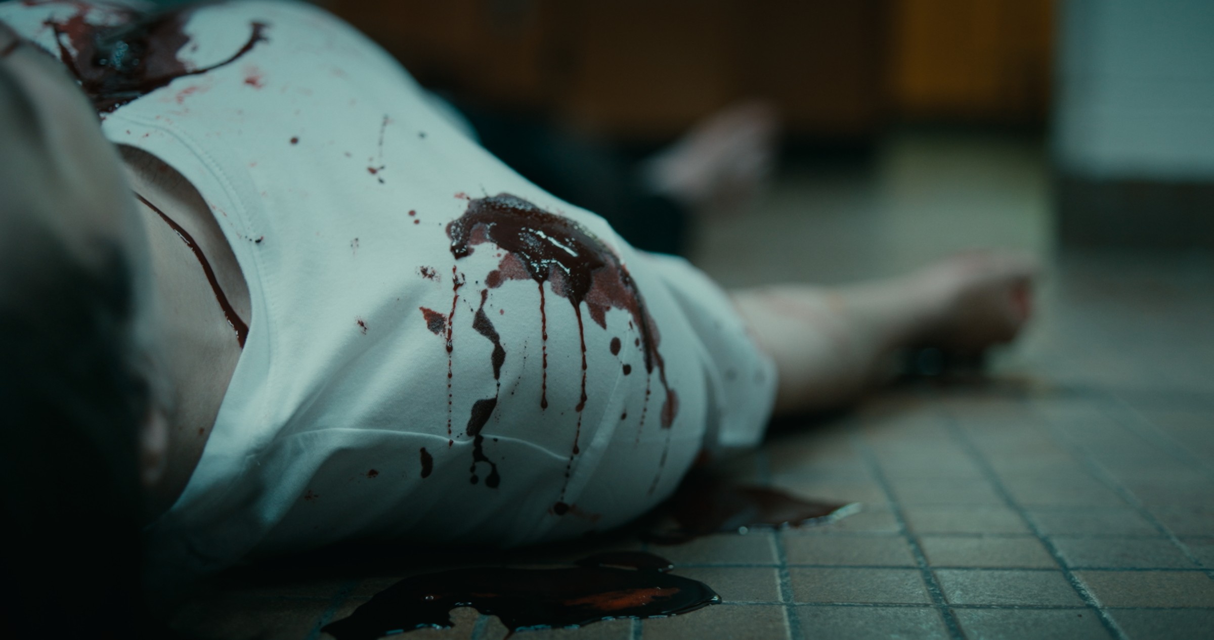 A bloodstained white shirt on a figure lying on a tiled floor — Nemesis
